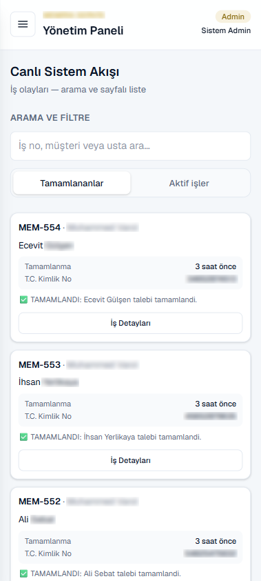 Mobil uygulama — canlı sistem akışı